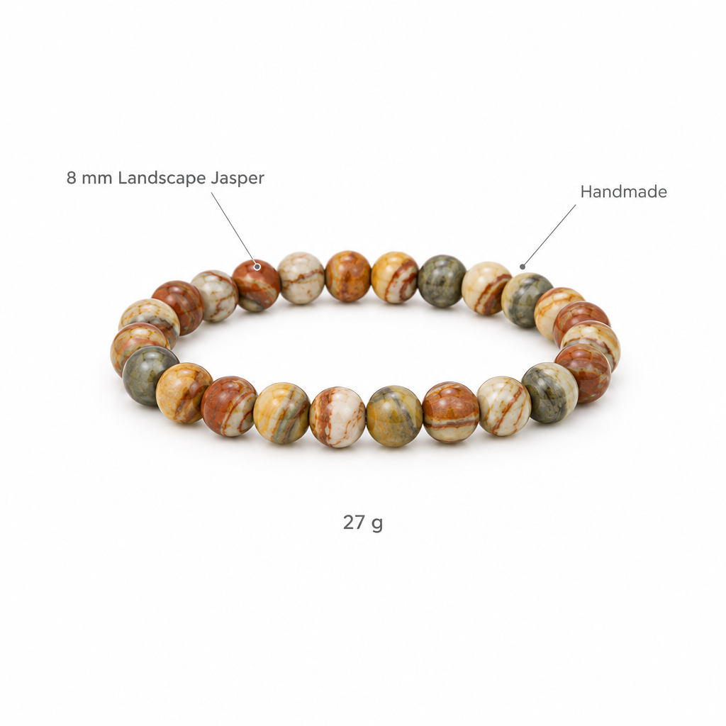 Bransoletka z jaspisu krajobrazowego, specyfikacja na bialym tle, 8 mm Landscape Jasper, Handmade, 27 g