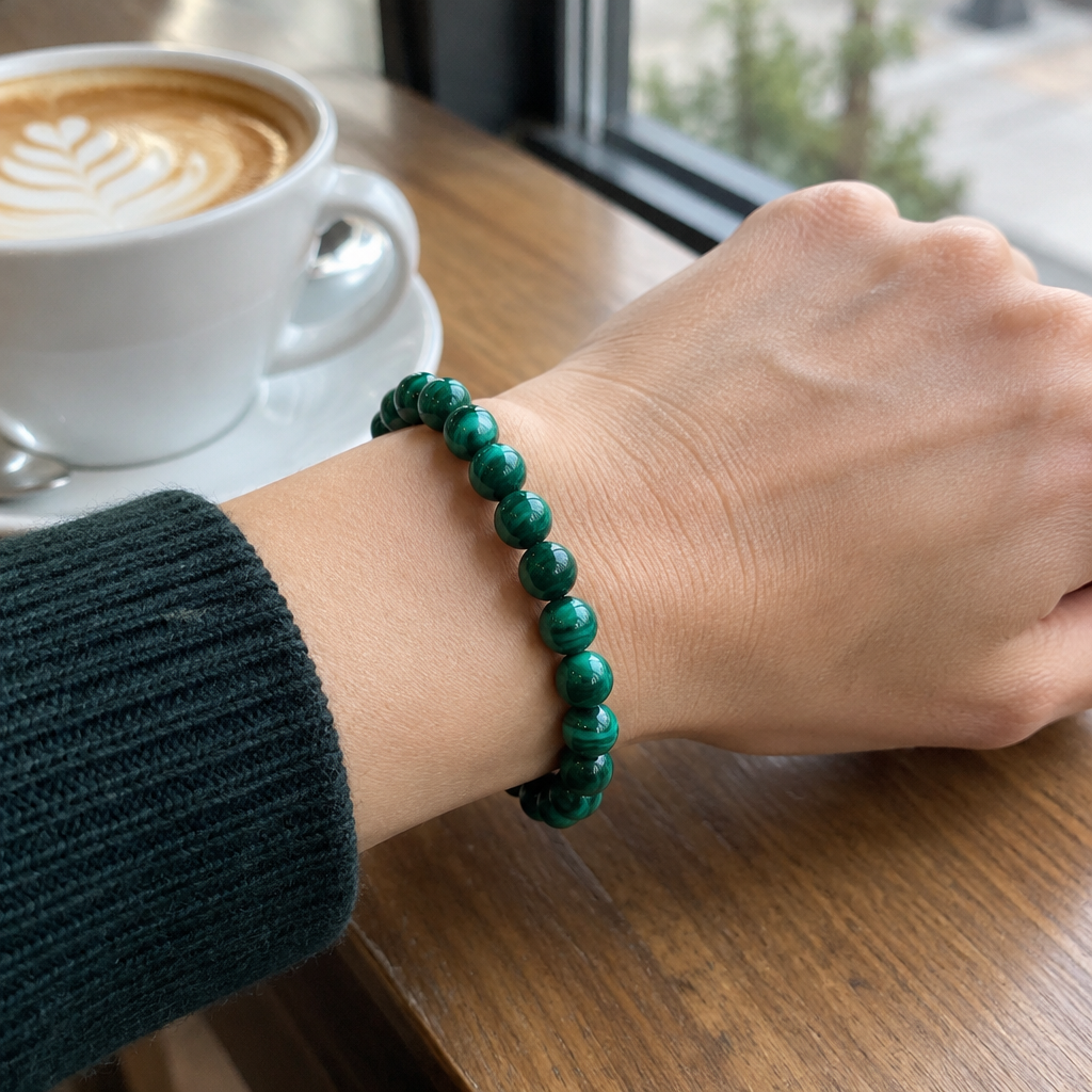 Bransoletka Green Malachite 8 mm na nadgarstku, lifestyle restauracja