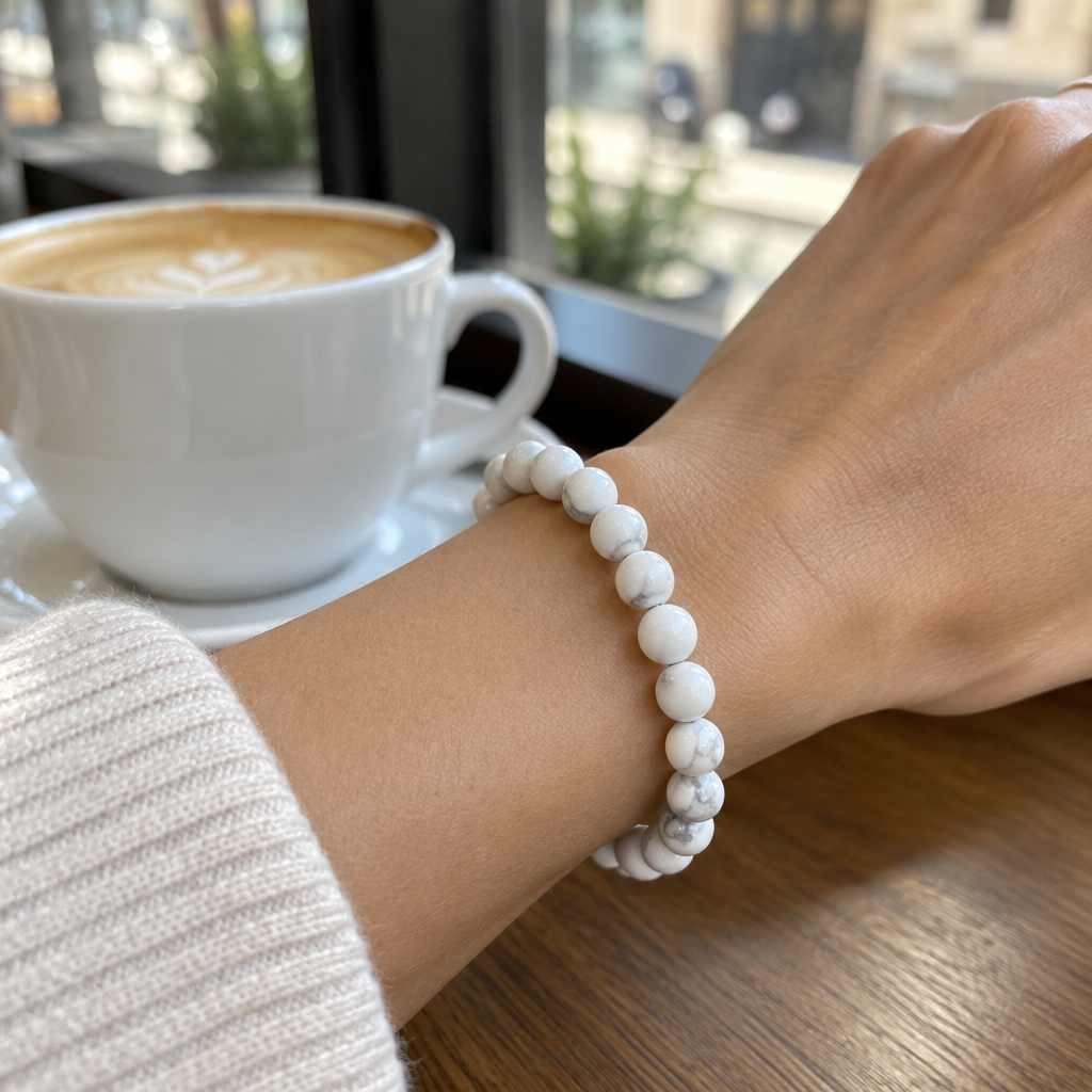 Bransoletka Howlite na nadgarstku, lifestyle restauracja