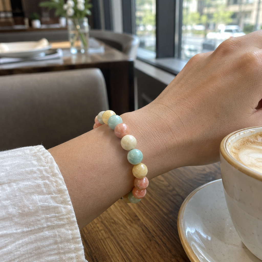 Bransoletka Shoushan Stone 8 mm na nadgarstku, lifestyle restauracja