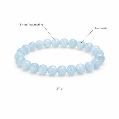 Bransoletka z akwamarynu, specyfikacja na bialym tle, 8 mm Aquamarine, Handmade, 27 g