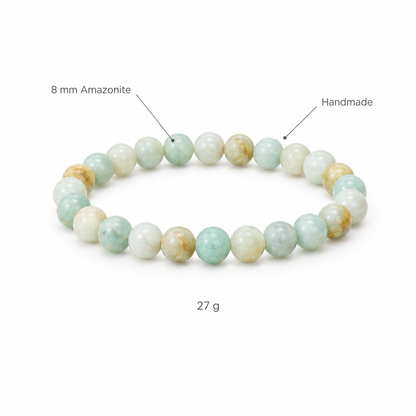 Bransoletka z amazonitu, specyfikacja na bialym tle, 8 mm Amazonite, Handmade, 27 g