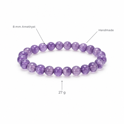 Bransoletka z ametystu, specyfikacja na bialym tle, 8 mm Amethyst, Handmade, 27 g