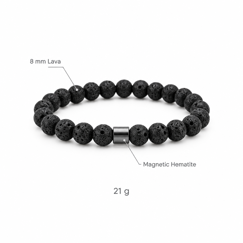 Bransoletka z kamienia lawy, specyfikacja na bialym tle, 8 mm Lava, Magnetic Hematite, 21 g