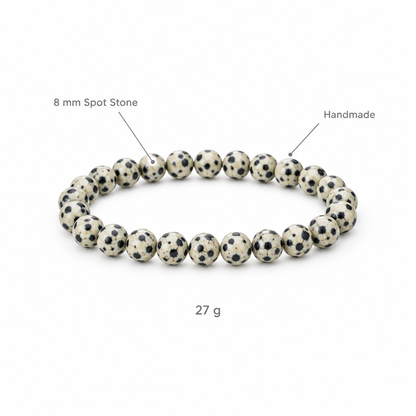 Bransoletka z kamienia w plamy, specyfikacja na bialym tle, 8 mm Spot Stone, Handmade, 27 g
