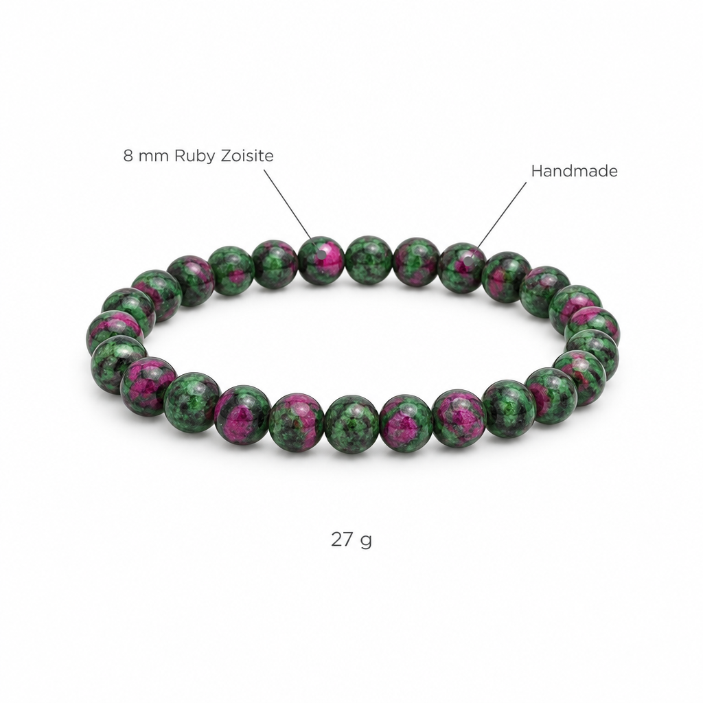 Bransoletka z rubinu w zoizycie, specyfikacja na bialym tle, 8 mm Ruby Zoisite, Handmade, 27 g