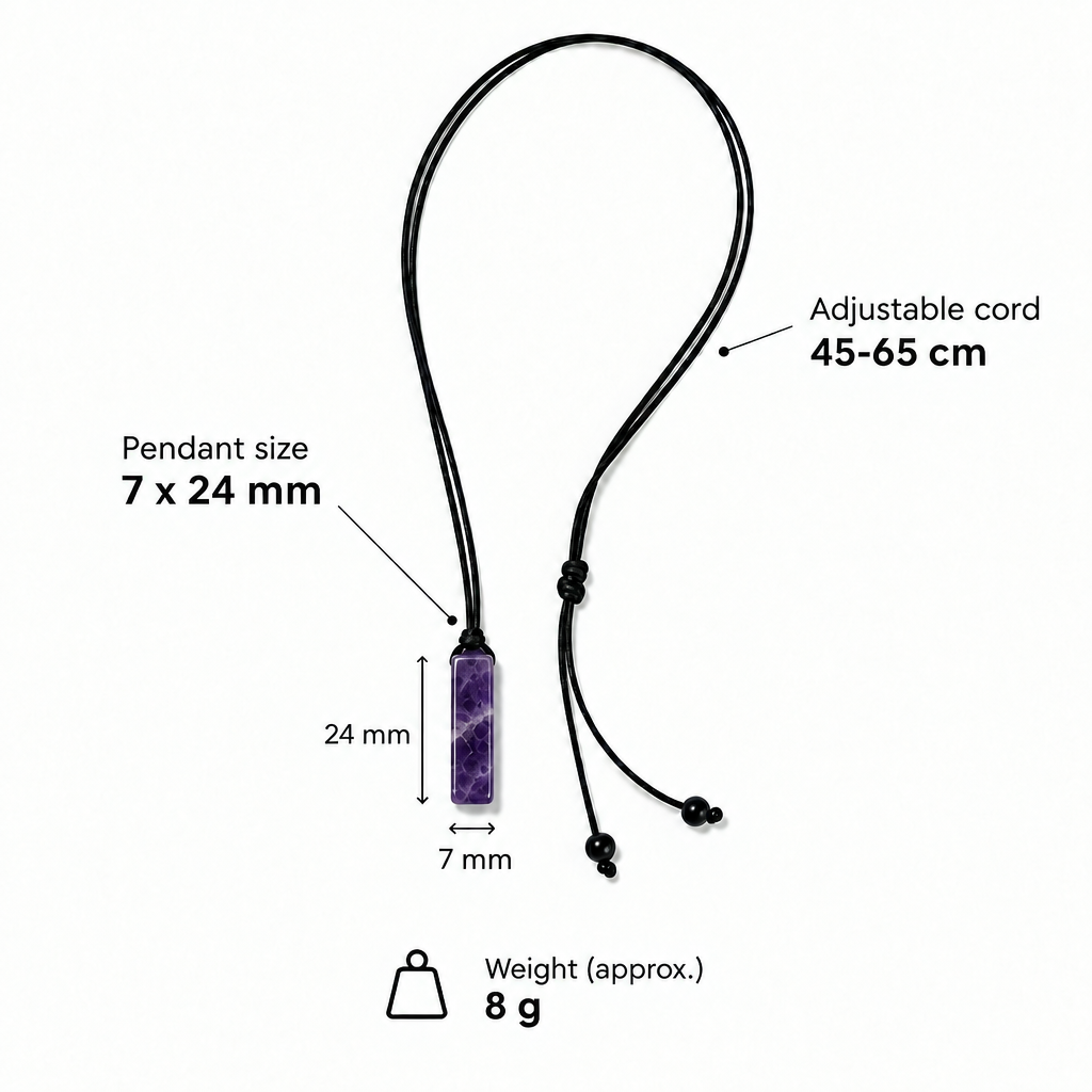 Specyfikacja naszyjnika z ametystem – wisiorek 7 × 24 mm, sznurek regulowany 45–65 cm, waga ok. 8 g
