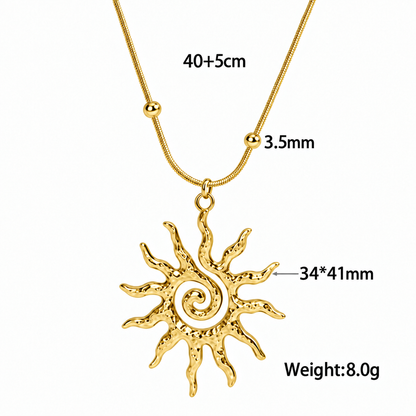 Specyfikacja złotego naszyjnika spiralne słońce – wisiorek 34×41 mm, łańcuszek 40+5 cm, szerokość 3,5 mm, waga 8 g