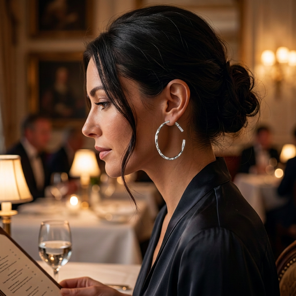 Srebrne kolczyki koła z falowaną fakturą w stylizacji w restauracji