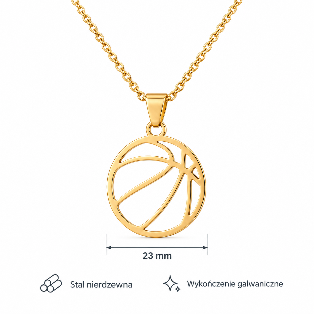 Specyfikacja złotego naszyjnika z koszykówką: zawieszka 23 mm, stal nierdzewna, wykończenie galwaniczne