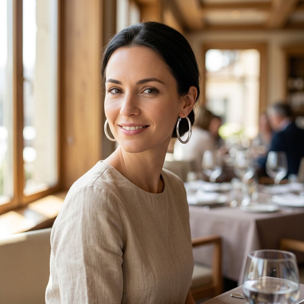 Modelka z kolczykiem kółkiem w srebrnym kolorze w restauracji